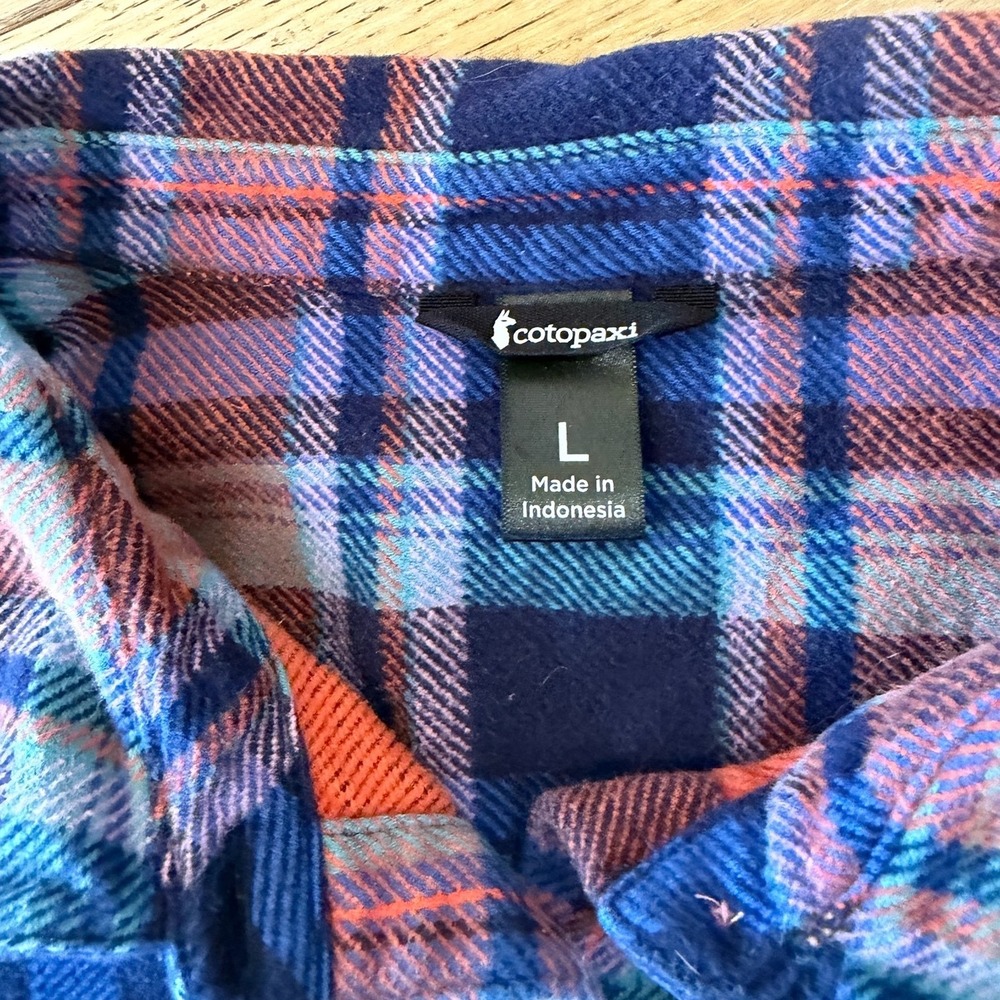 Cotopaxi Flannel Shirt Large Blue Orange Plaid Excellent Organic Cotton (1810) - Picture 2 of 7